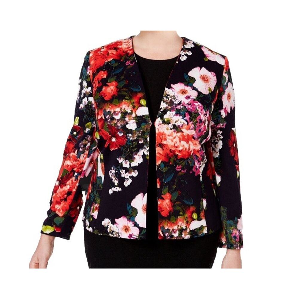 Tahari Tapestry Black Blue & Floral Black Lace Appliques Blazer Jacket Size 18W